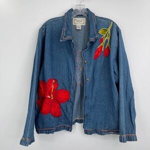 Y2K Denim Jacket Hawaiian Hibiscus Floral Beaded